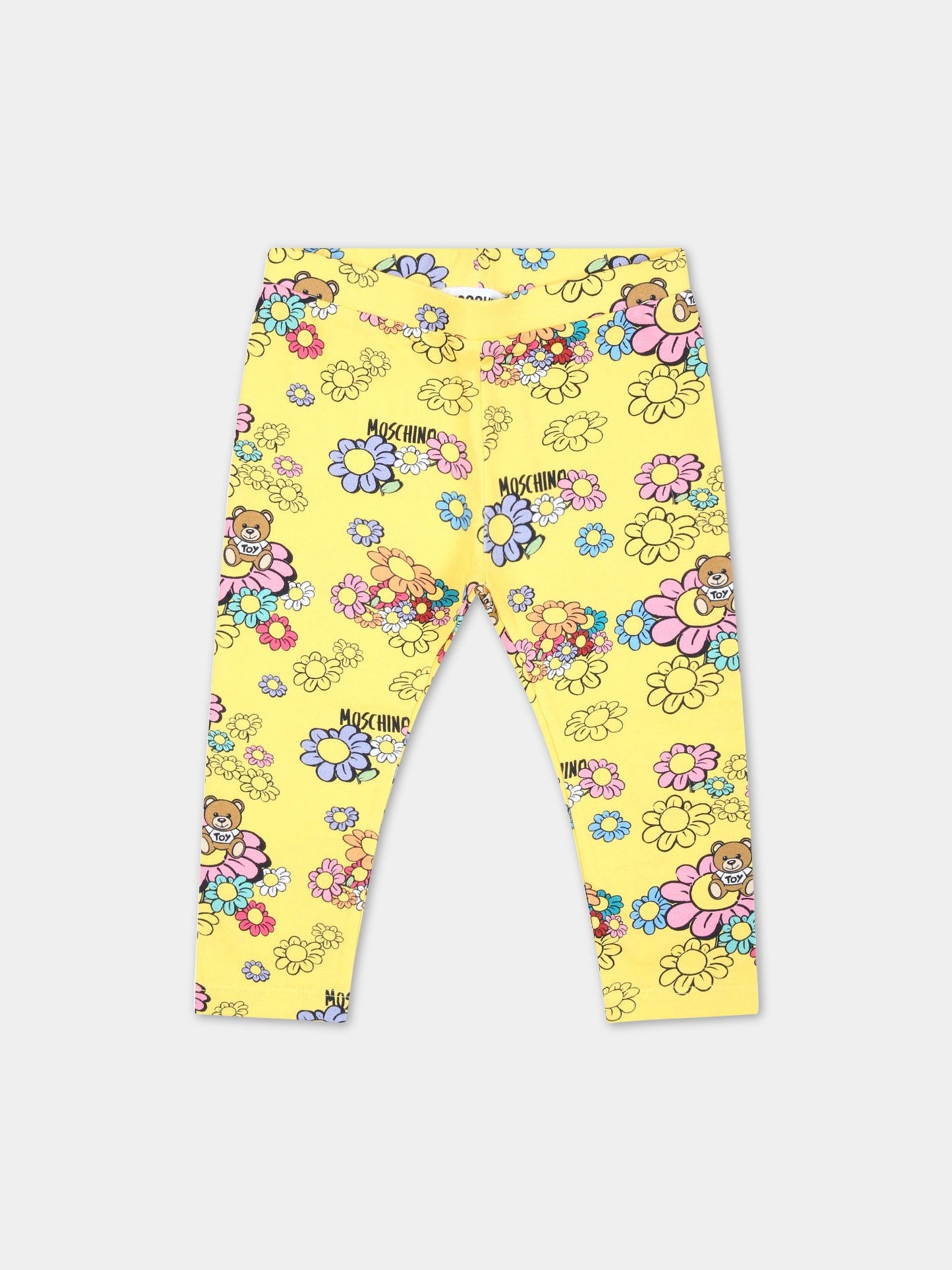 Leggings gialli per neonata con fiori e Teddy Bear,Moschino Kids,M0P02N LBC01 84296