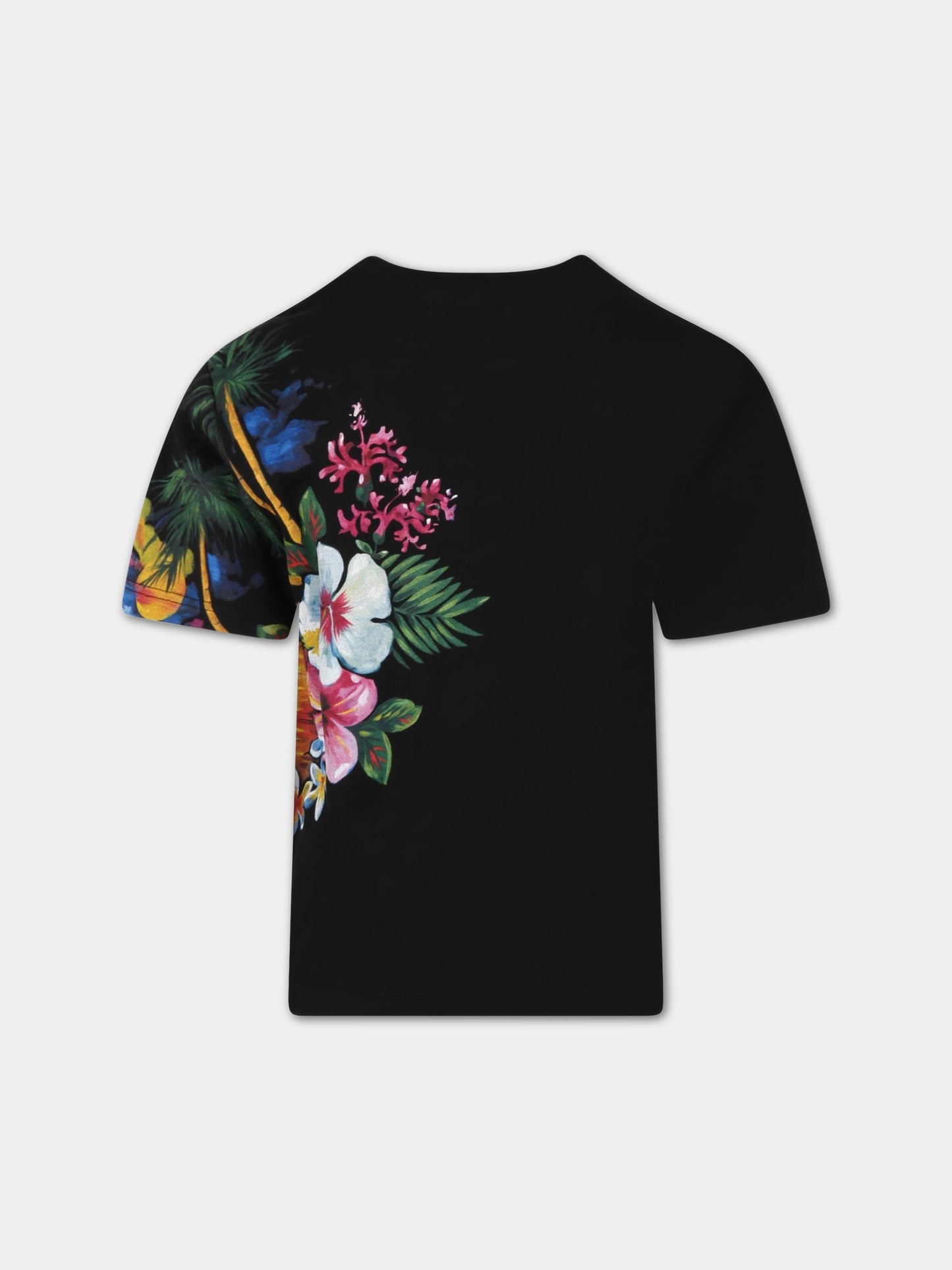 T-shirt nera per bambino con fiori e logo,Dolce & Gabbana Kids,L4JTBL G7H1D N0000