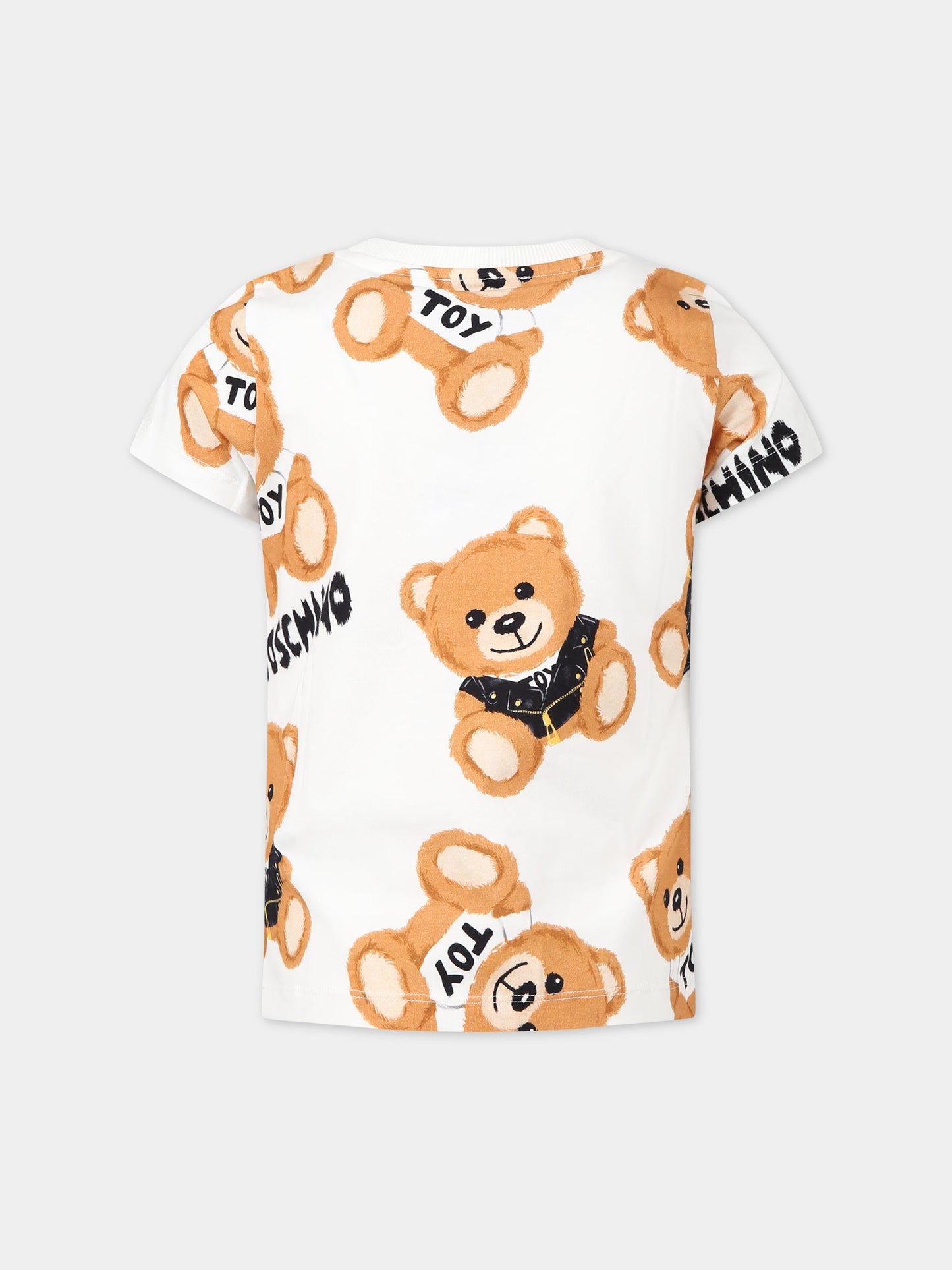 T-shirt bianca per bambini con logo e Teddy Bear all-over,Moschino Kids,HUM043 LBBA5 82580