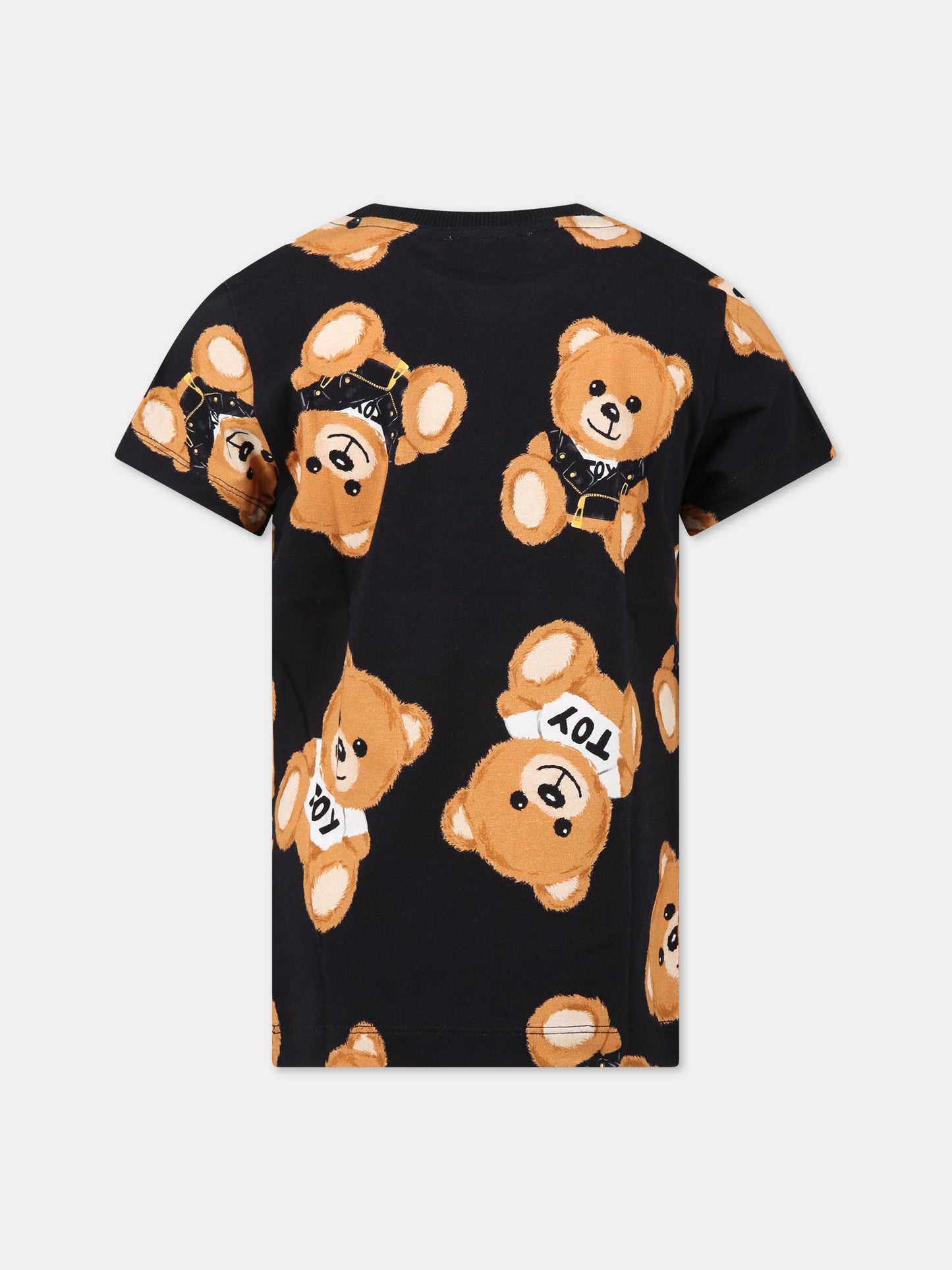 T-shirt nera per bambini con logo e Teddy Bear all-over,Moschino Kids,HUM043 LBBA5 82581