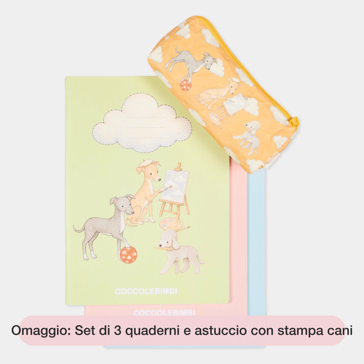 Set di 3 quaderni e astuccio con stampa cani - immagine selezione omaggio (dev)