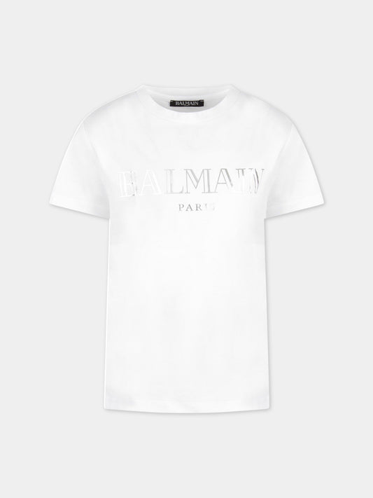 T-shirt bianca per bambina con logo argentato,Balmain Kids,6L8021 LX160 100AG