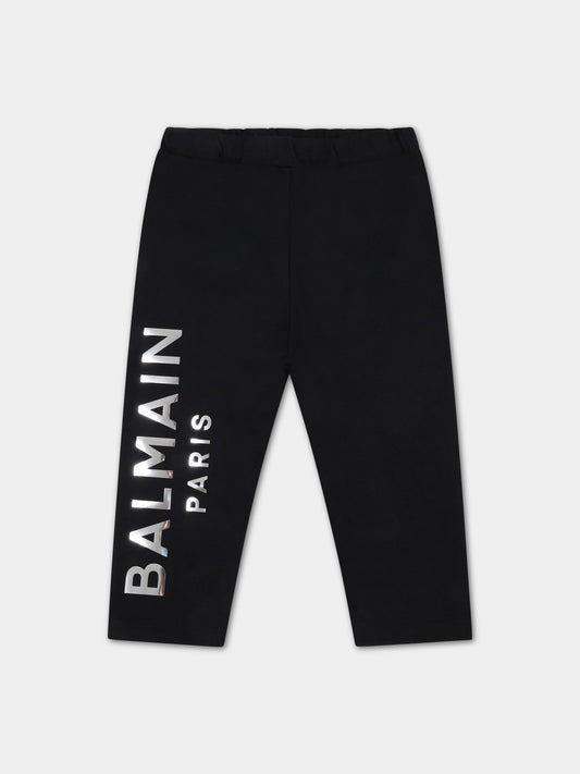 Leggings nero per neonata con logo argentato,Balmain Kids,6P6880 J0006 930AG