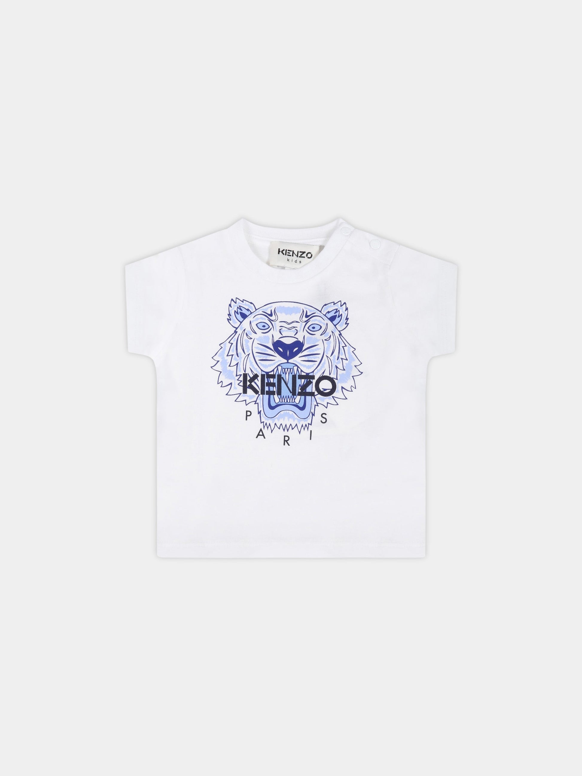 T-shirt bianca per neonato con tigre blu,Kenzo Kids,K05121 103