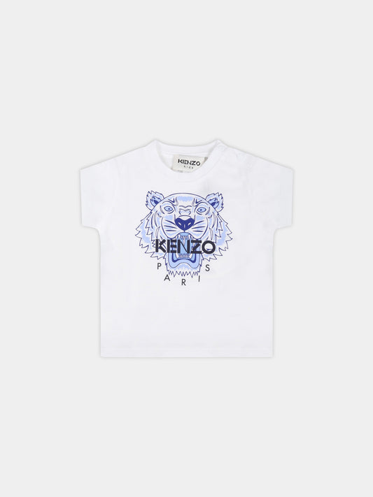 T-shirt bianca per neonato con tigre blu,Kenzo Kids,K05121 103