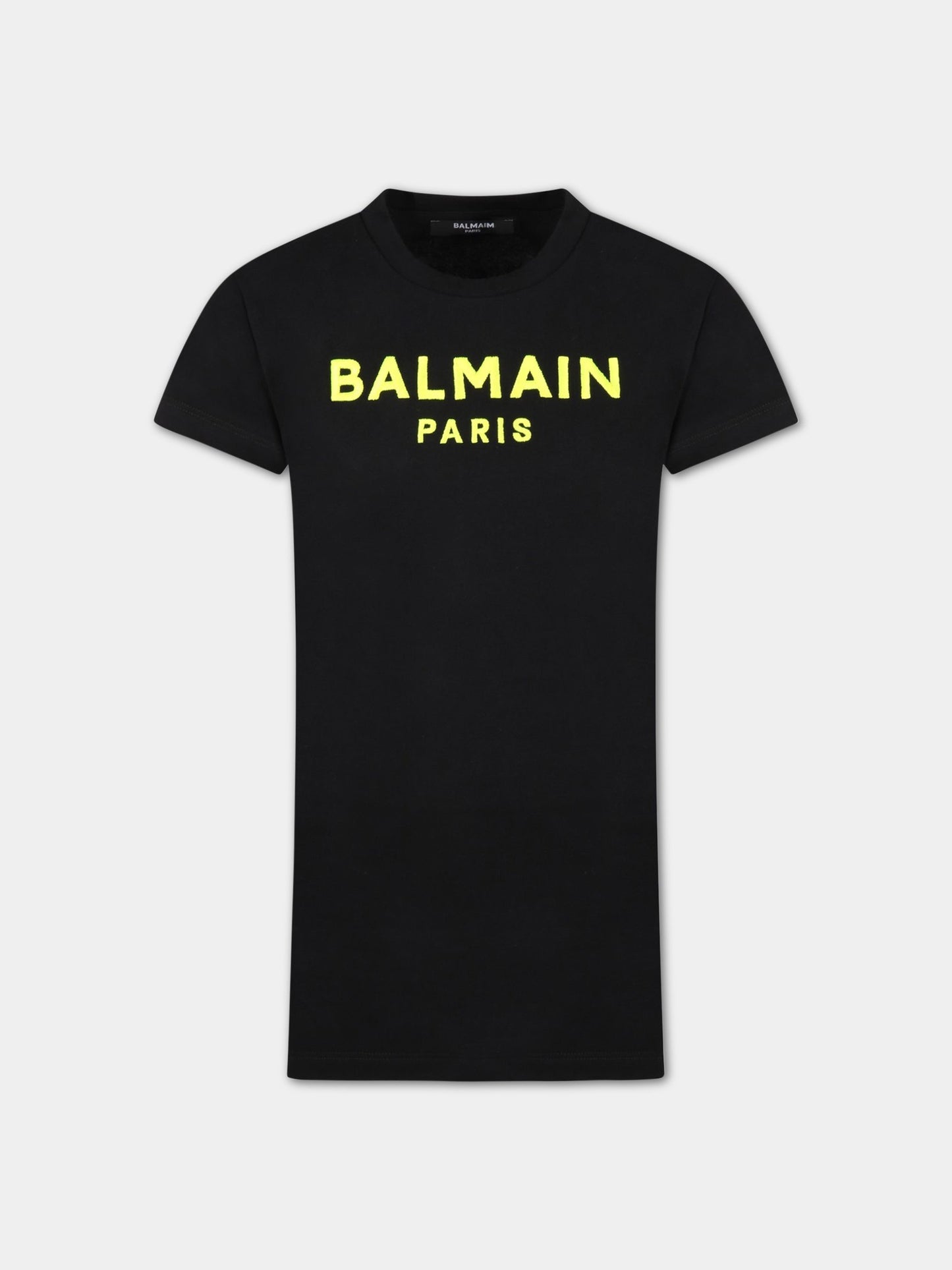 Vestito nero per bambina con logo giallo fluo,Balmain Kids,6Q1091 J0006 930GL