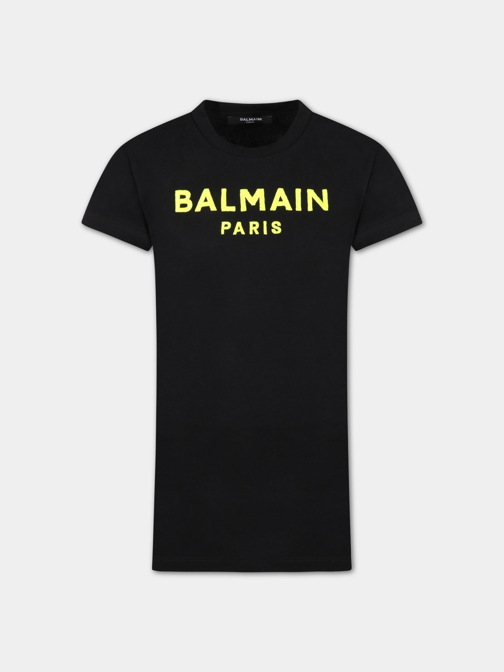 Vestito nero per bambina con logo giallo fluo,Balmain Kids,6Q1091 J0006 930GL