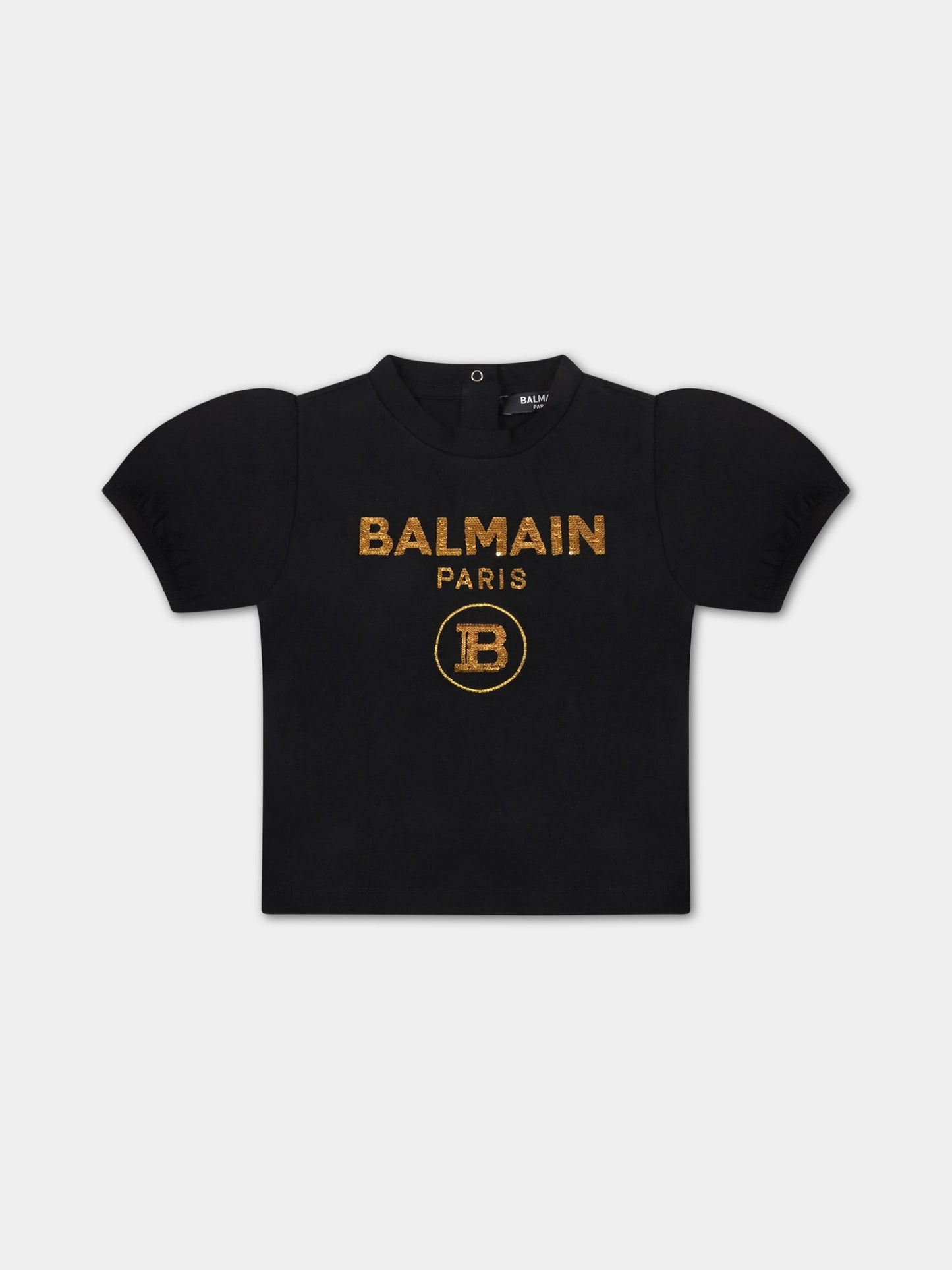 T-shirt nera per neonata con logo dorato,Balmain Kids,6Q8851 J0006 93OR
