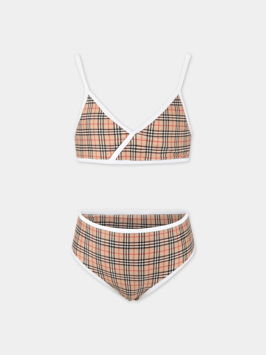 Bikini beige per bambina con check vintage,Burberry Kids,8047822