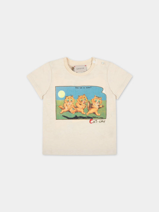 T-shirt beige per neonati con gatti e logo,Gucci Kids,548034 XJD2D 7193