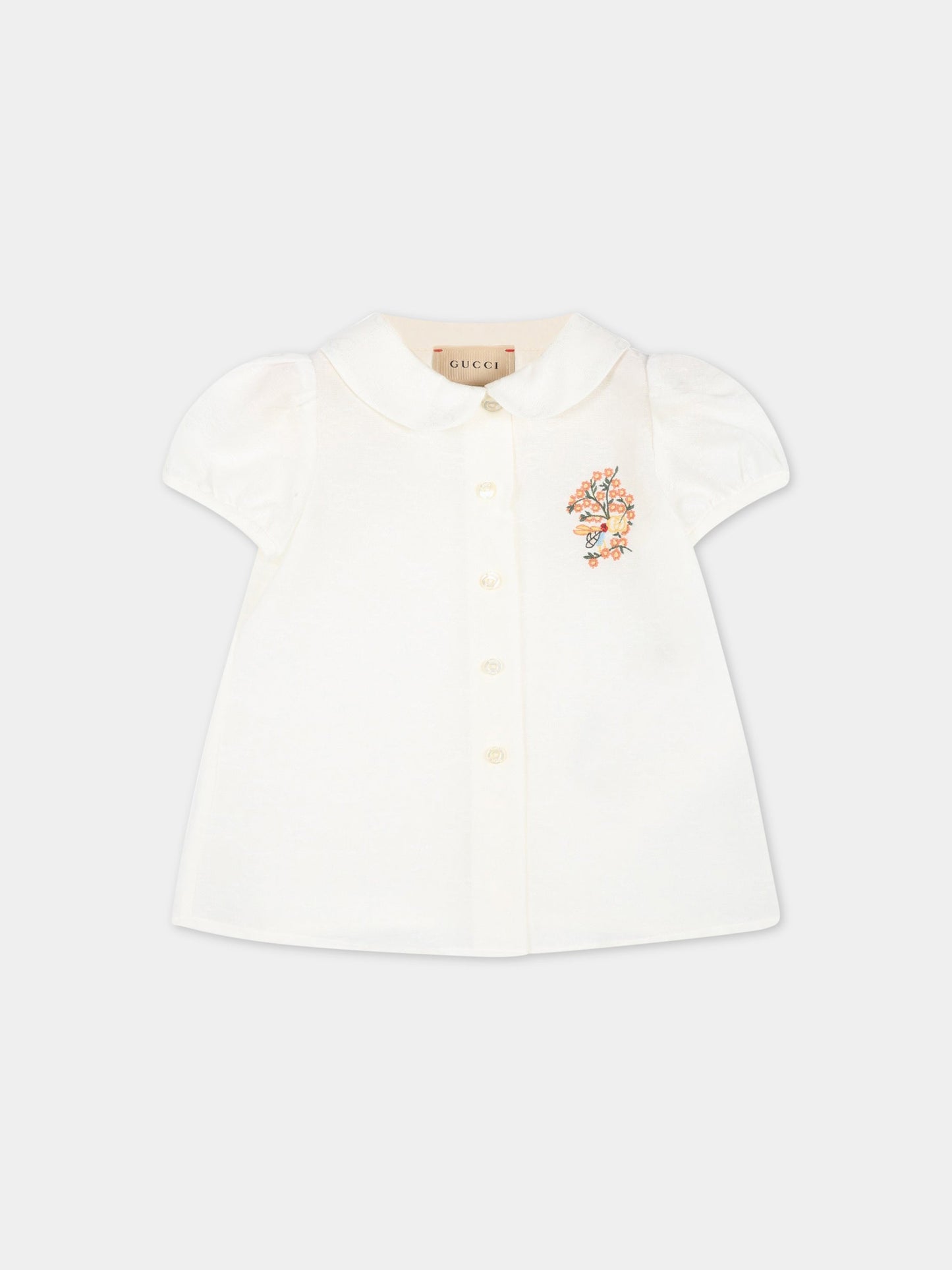 Camicia bianca per neonata con fiori e logo ricamati,Gucci Kids,652705 XWAQB 9000