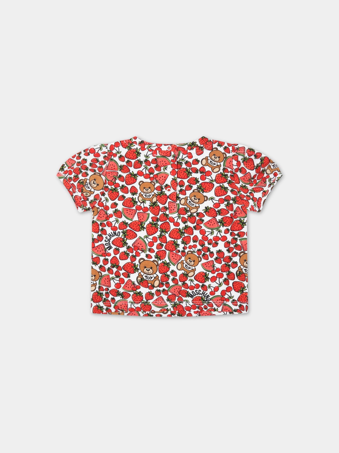 T-shirt bianca per neonata con fragole,Moschino Kids,MGM02B LBB90 83504