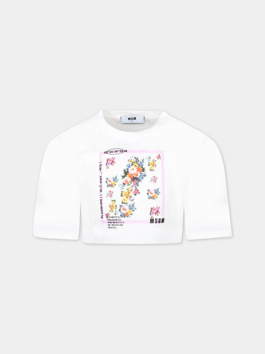 T-shirt bianca per bambina con fiori,Msgm Kids,MS028838 001