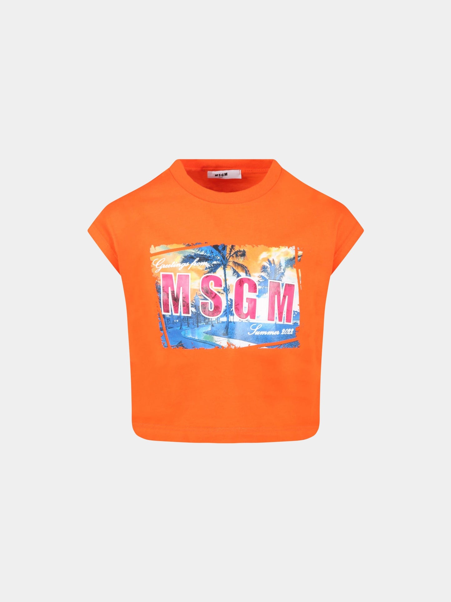 T-shirt arancione per bambina con stampa colorata,Msgm Kids,MS028866 030