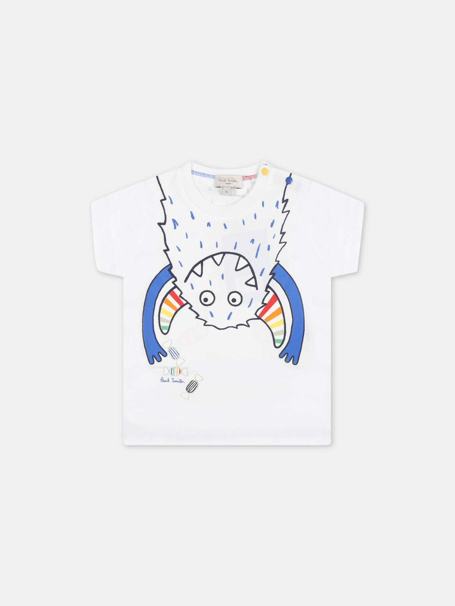 T-shirt bianca per neonato con mostro colorato,Paul Smith Junior,P05033 10P