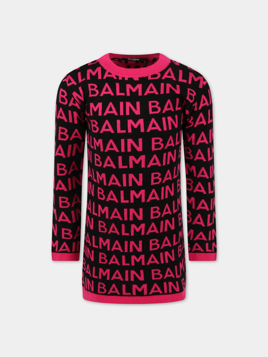 Vestito nero per bambina con loghi fucsia,Balmain Kids,6R1A60 X0005 930FU