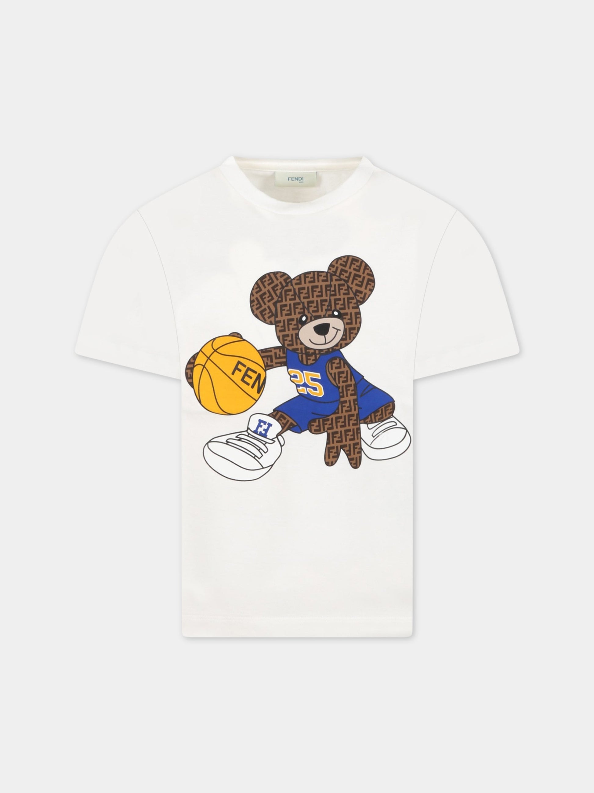 T-shirt bianca per bambino con orso,Fendi Kids,JMI401 7AJ F0TU9