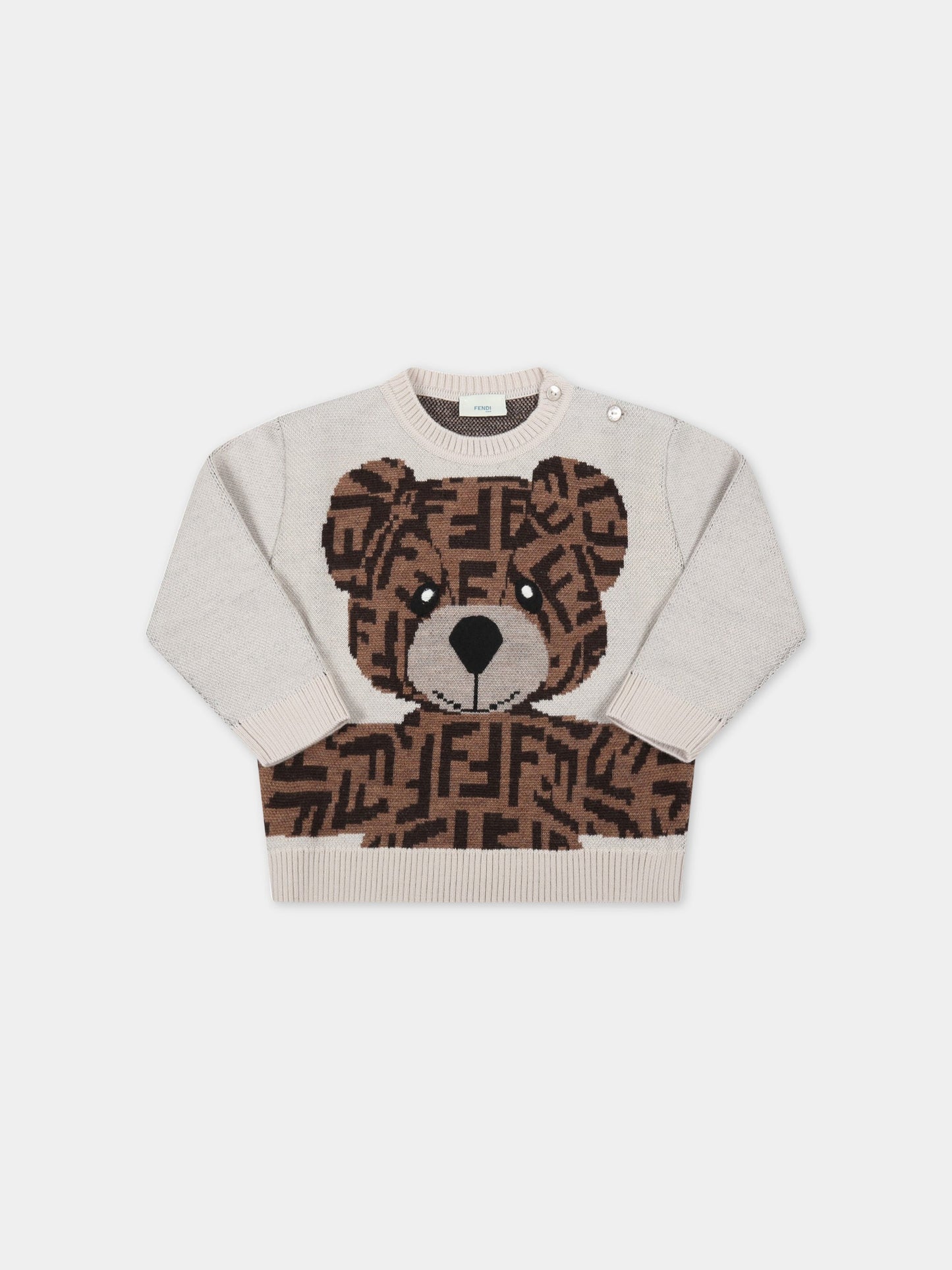 Maglione beige per neonati con orso,Fendi Kids,BUG103 AJ3E F0TU9