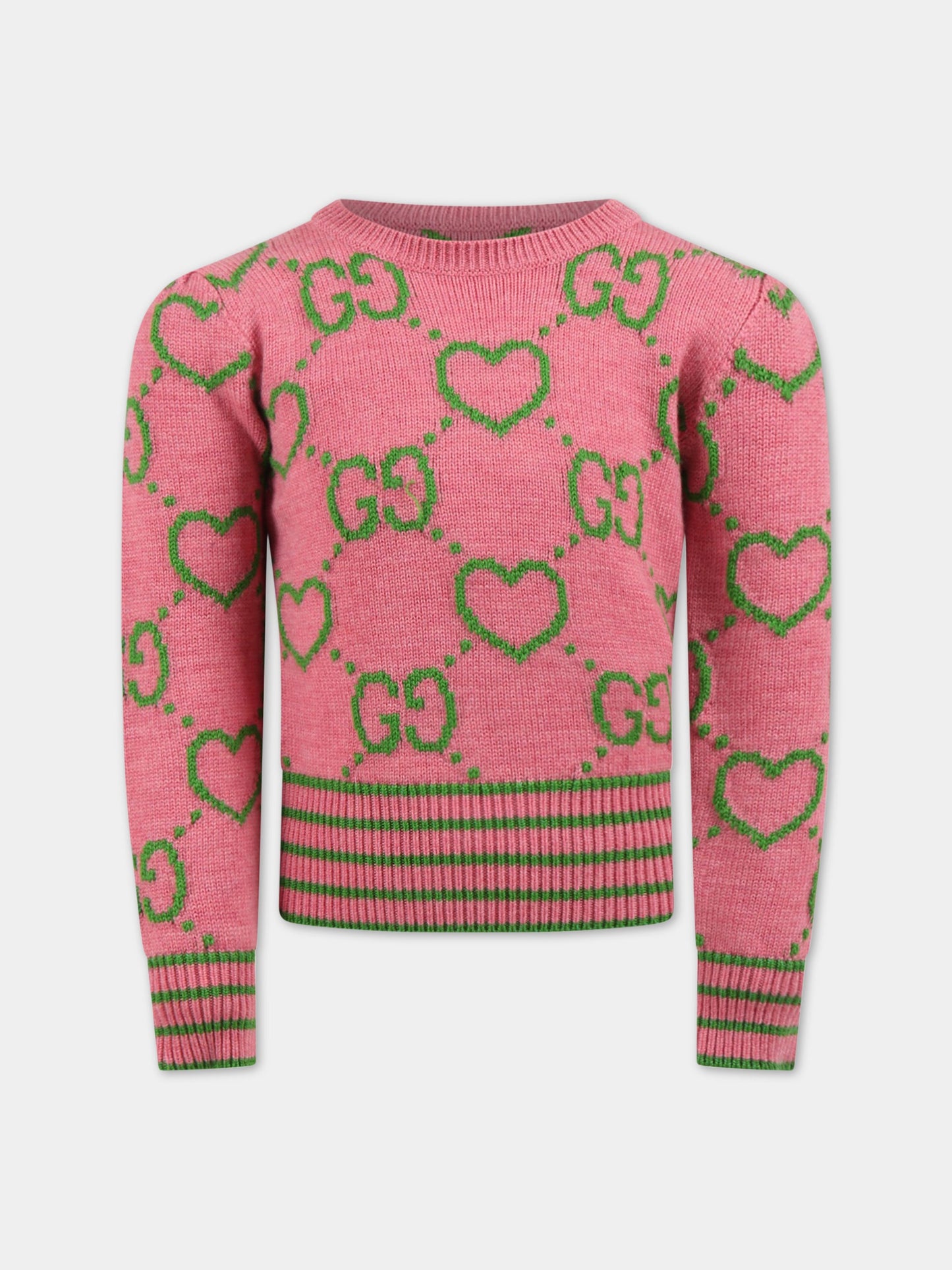 Maglione rosa per bambina con inconiche GG verdi,Gucci Kids,694567 XKCHQ 5927