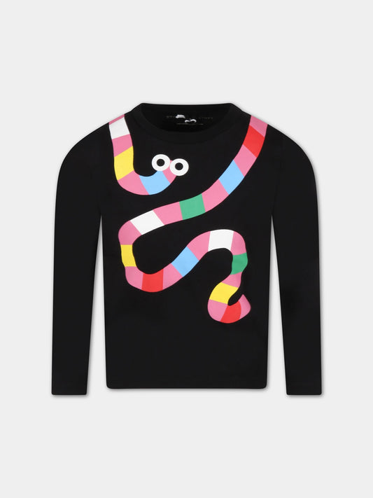 T-shirt nera per bambina con serpente colorato,Stella Mccartney Kids,8R8B30 Z0434 930