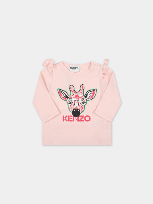 T-shirt rosa per neonata con giraffa,Kenzo Kids,K05402 471