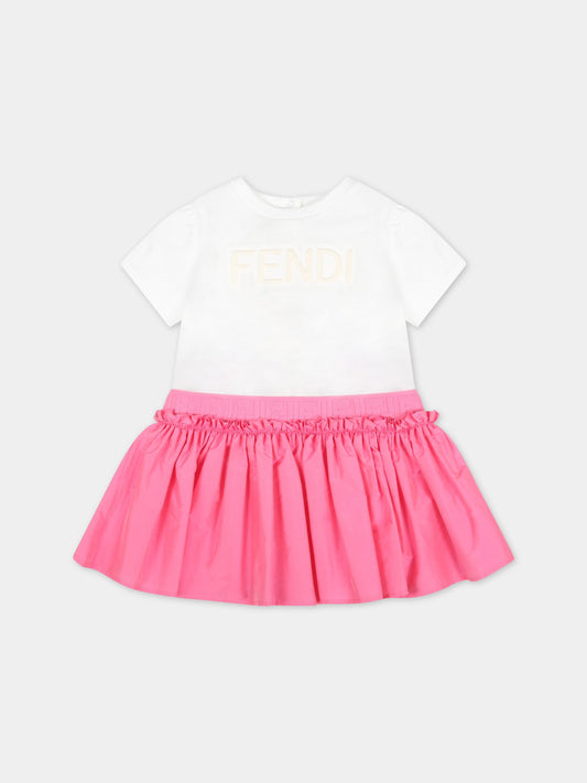 Vestito bianco per neonata con logo e gonna fucsia,Fendi Kids,BFB397 7AJ F1FZ5