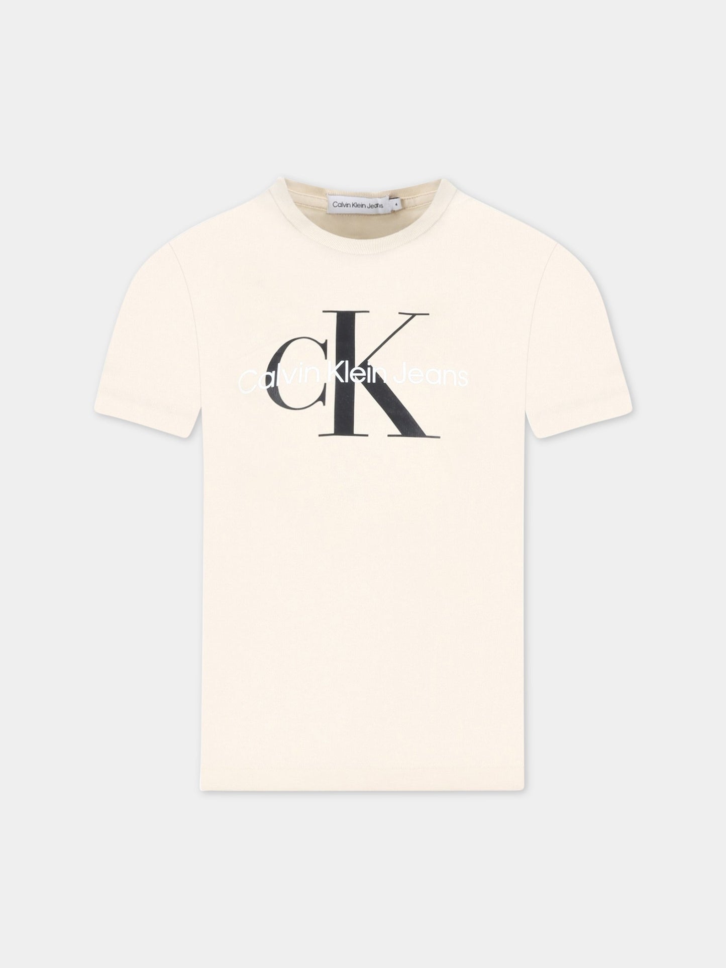 T-shirt beige per bambino con doppio logo,Calvin Klein Kids,CKIU0IU00267 IU0IU00267 ACJ