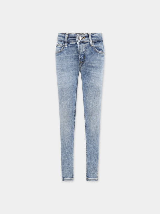 Jeans celeste per bambina con logo biege ricamato,Calvin Klein Kids,CKIG0IG01881 IG0IG01881 1A4