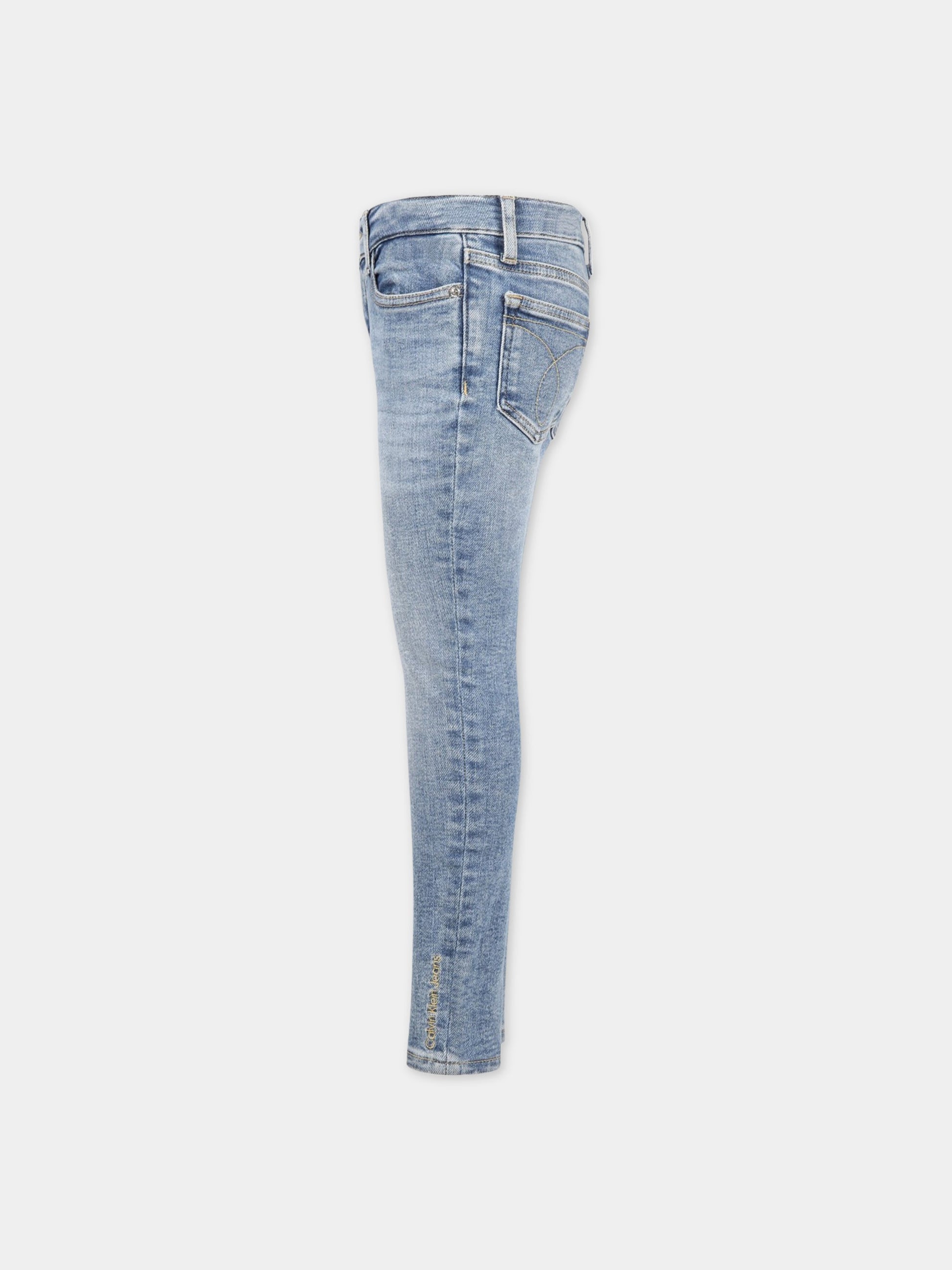 Jeans celeste per bambina con logo biege ricamato,Calvin Klein Kids,CKIG0IG01881 IG0IG01881 1A4