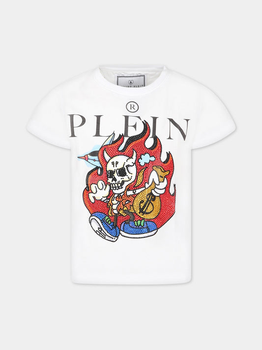 T-shirt bianca per bambino con stampa e logo,Philipp Plein Junior,2XM00D LAA24 10101