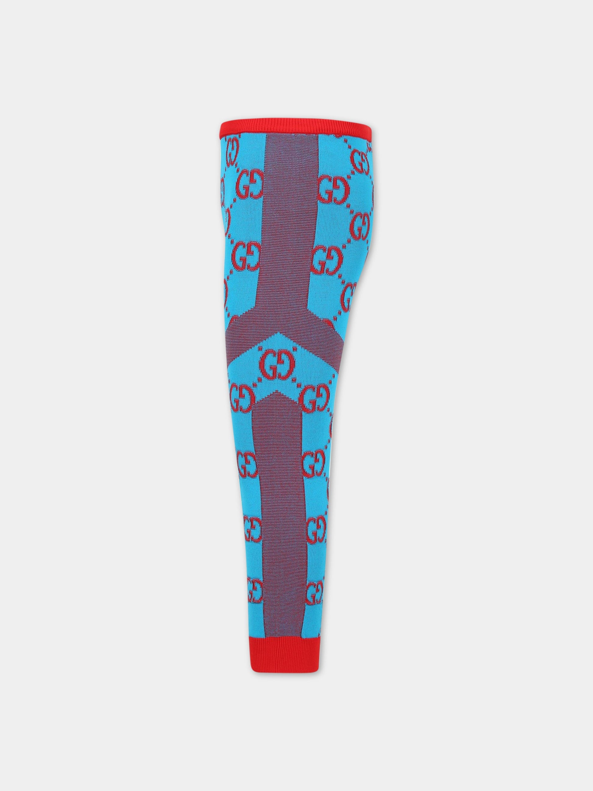 Leggings azzurri per bambina con GG rosse,Gucci Kids,692058 4KAA5 4974