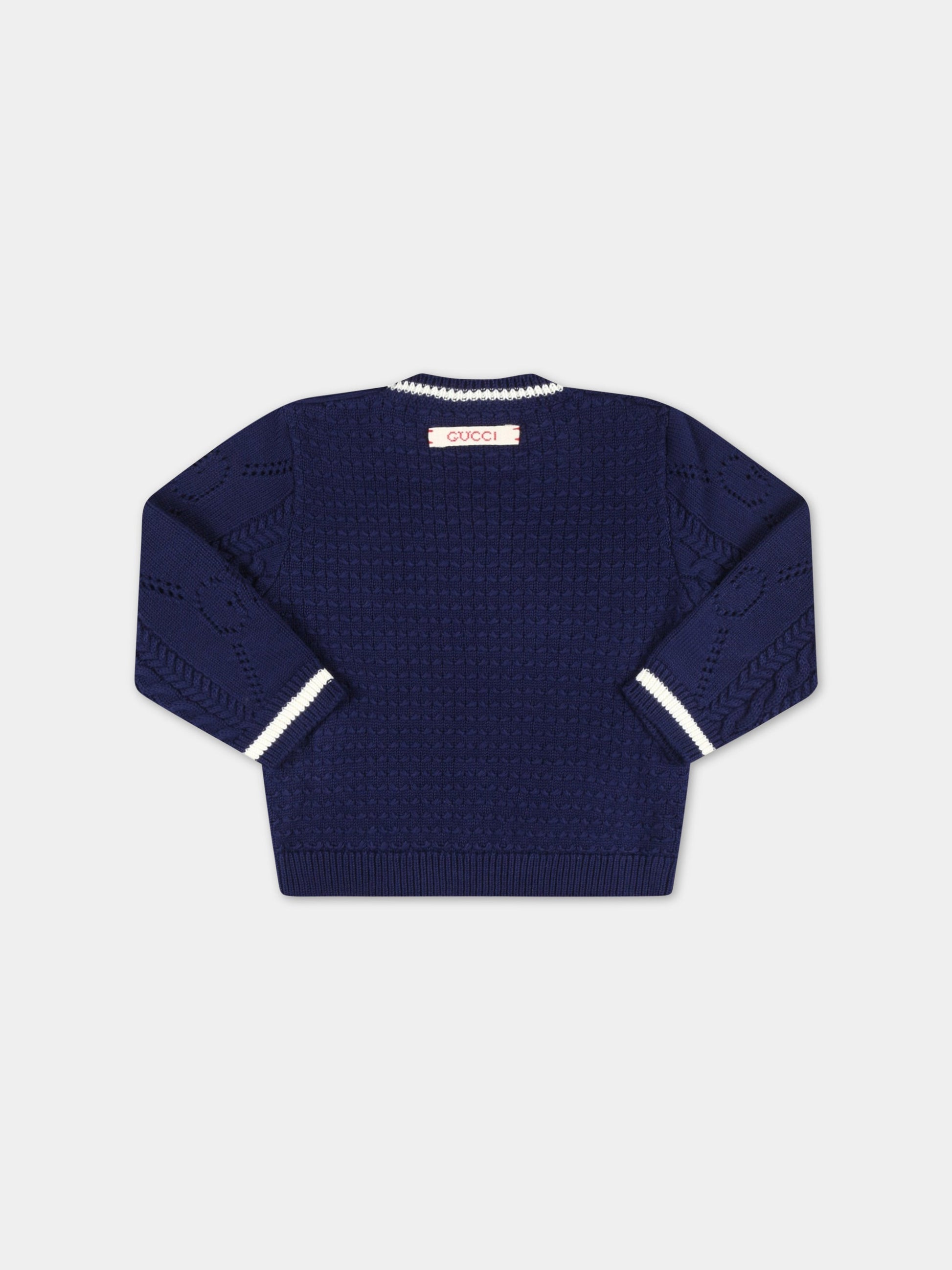 Maglione blu per neonato con patch logato,Gucci Kids,715415 XKCR2 4347