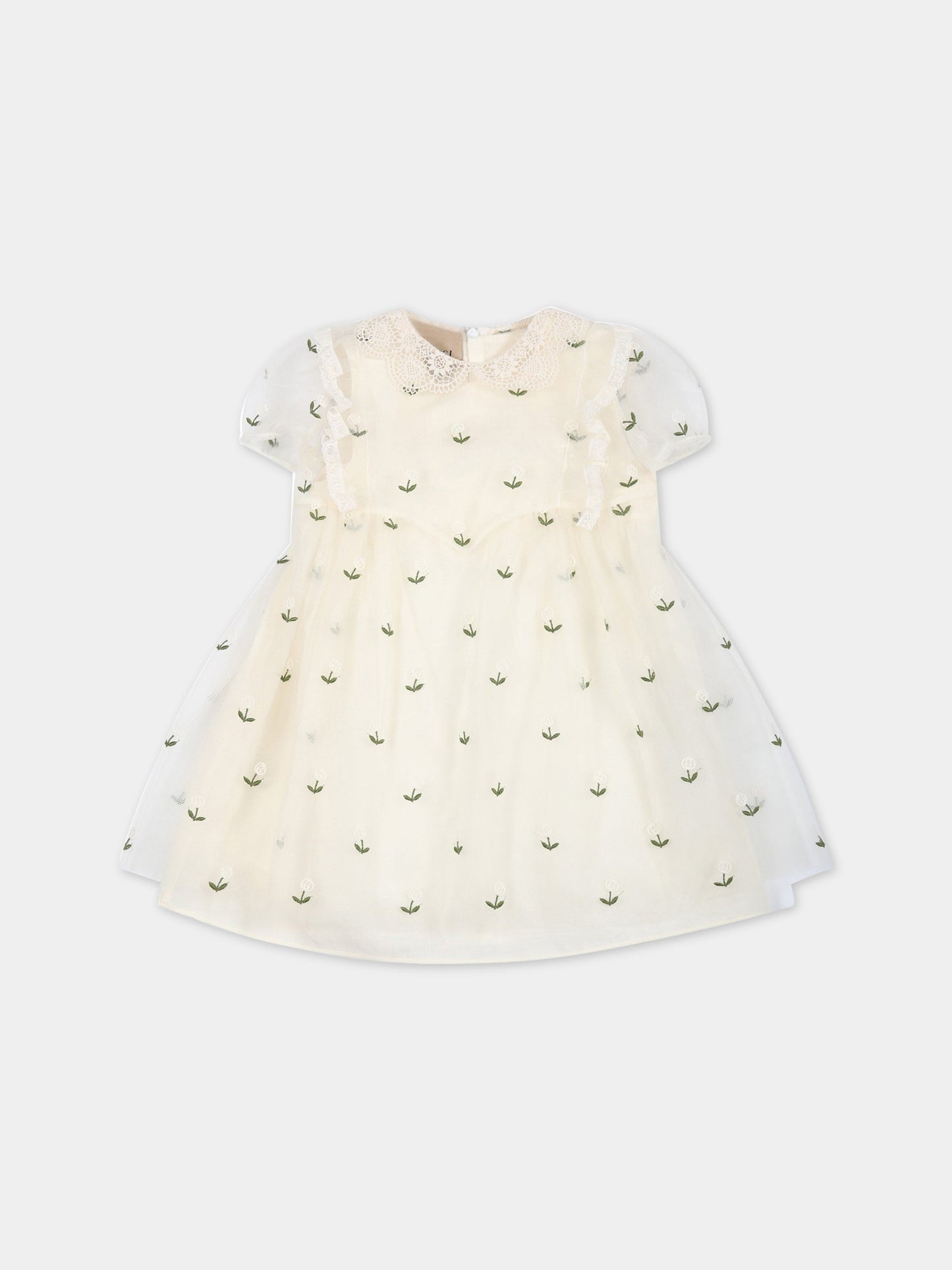 Vestito avorio per neonata con fiori ricamati e logo GG,Gucci Kids,724028 ZALI3 9125