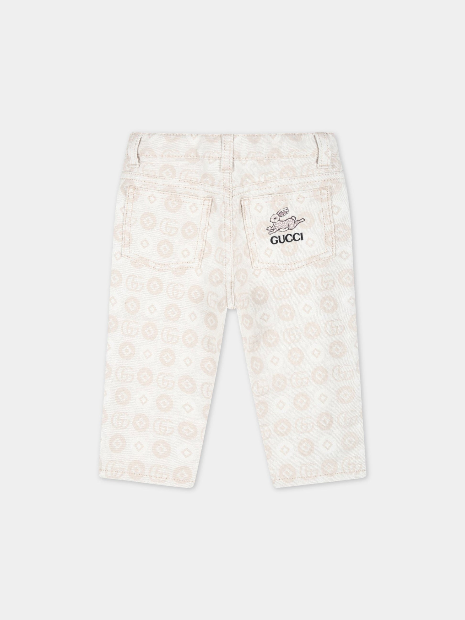 Jeans avorio per neonato con logo nero ricamato,Gucci Kids,712648 XDB74 9207