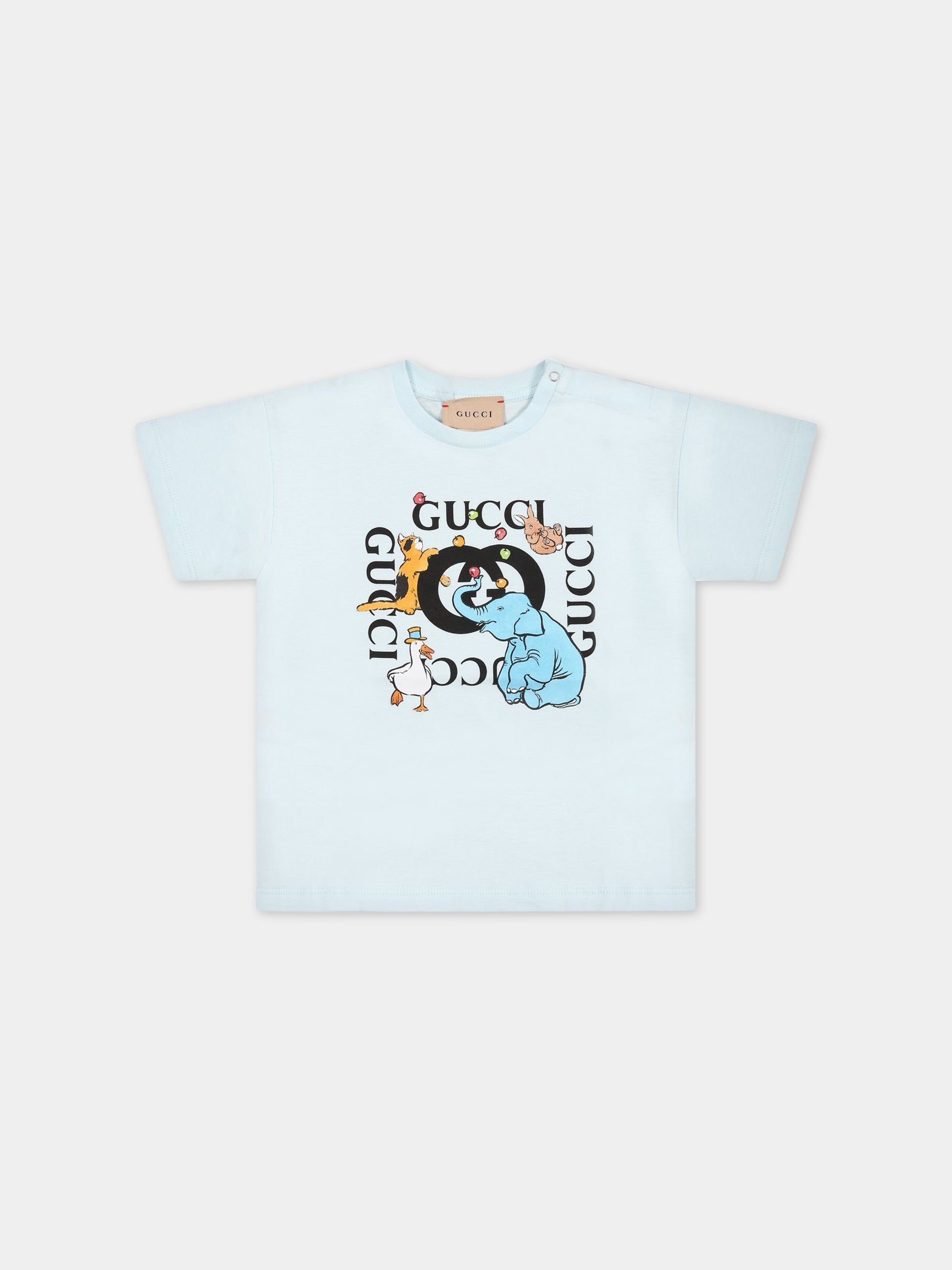 T-shirt celeste per neonato con stampa con animali,Gucci Kids,576871 XJEY9 4724