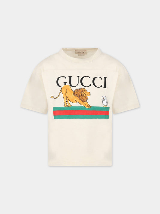 T-shirt avorio per bambino con logo e motivo Web,Gucci Kids,722402 XJEZC 9247