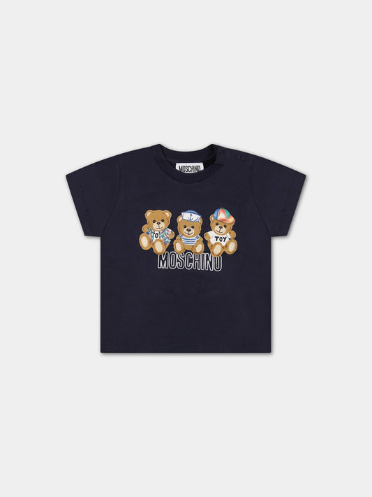 T-shirt blu per neonato con Teddy Bear e logo,Moschino Kids,MRM032 LAA02 40016