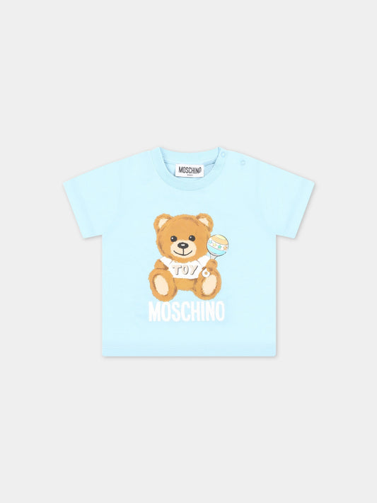 T-shirt celeste per neonato con Teddy Bear e logo,Moschino Kids,MOM032 LAA03 40304