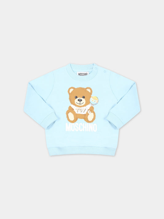 Felpa celeste per neonato con Teddy Bear e logo bianco,Moschino Kids,MMF04Q LCA19 40304