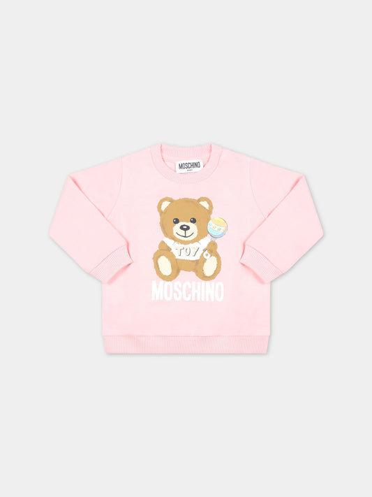 Felpa rosa per neonata con Teddy Bear e logo bianco,Moschino Kids,MMF04Q LCA19 50209