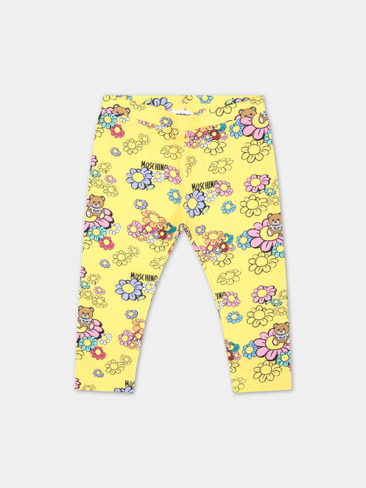 Leggings gialli per neonata con fiori e Teddy Bear,Moschino Kids,M0P02N LBC01 84296