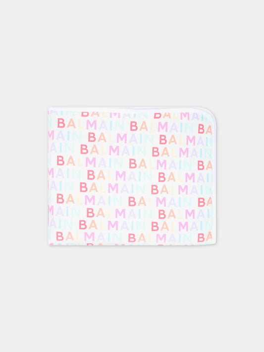 Coperta bianca per neonata con logo multicolor,Balmain Kids,BS0510-Z0057 999