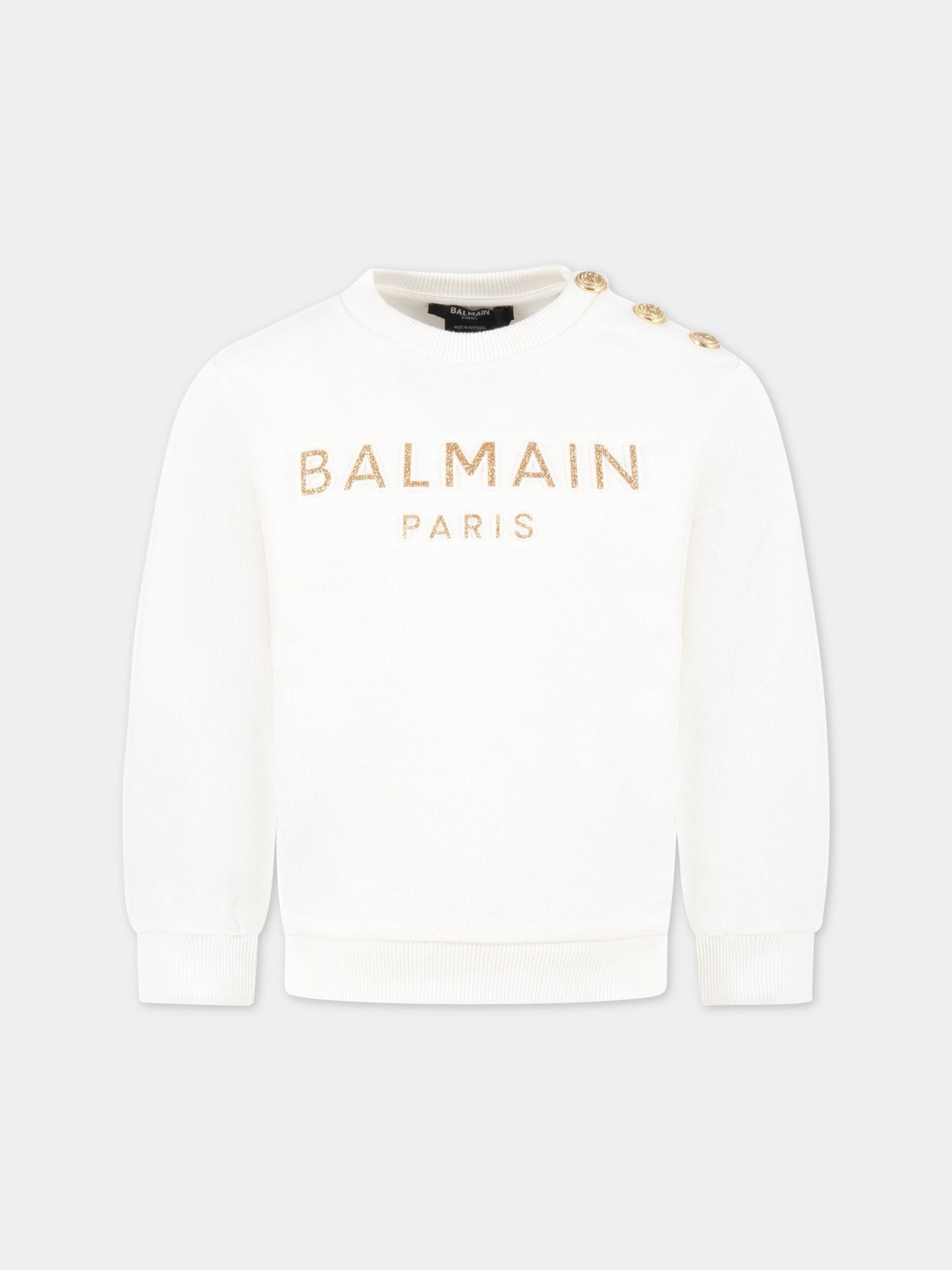 Felpa bianca per bambina con logo dorato,Balmain Kids,BS4A00 Z0001 102