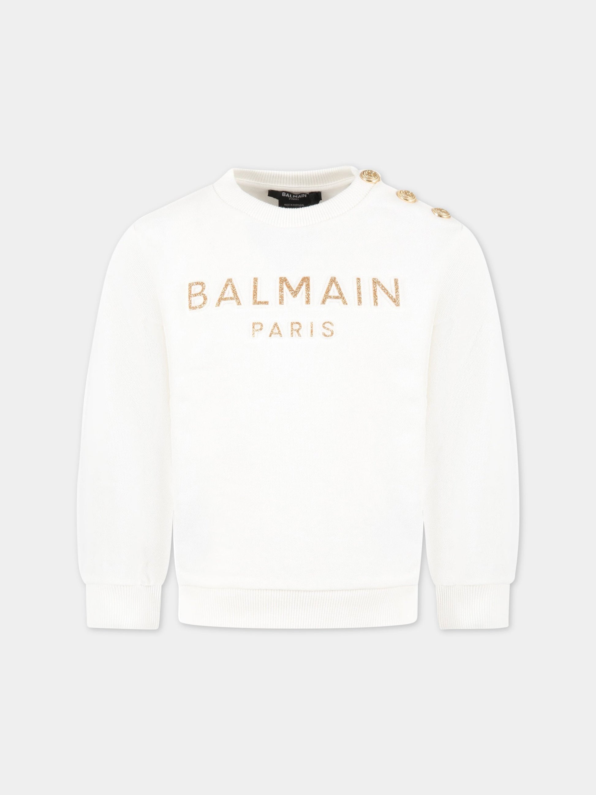 Felpa bianca per bambina con logo dorato,Balmain Kids,BS4A00 Z0001 102