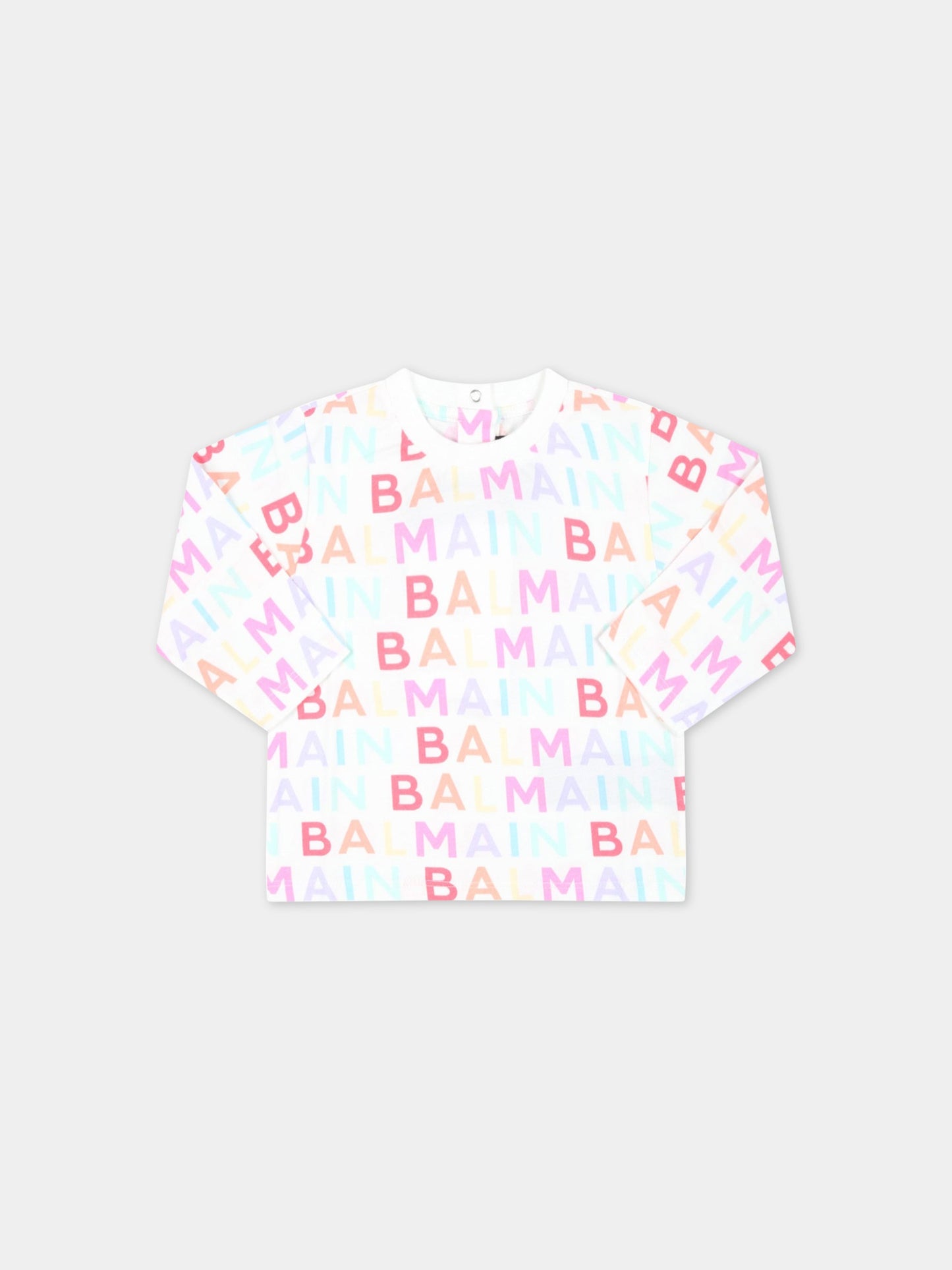 T-shirt bianca per neonata con logo multicolor,Balmain Kids,BS8520 Z0057 999