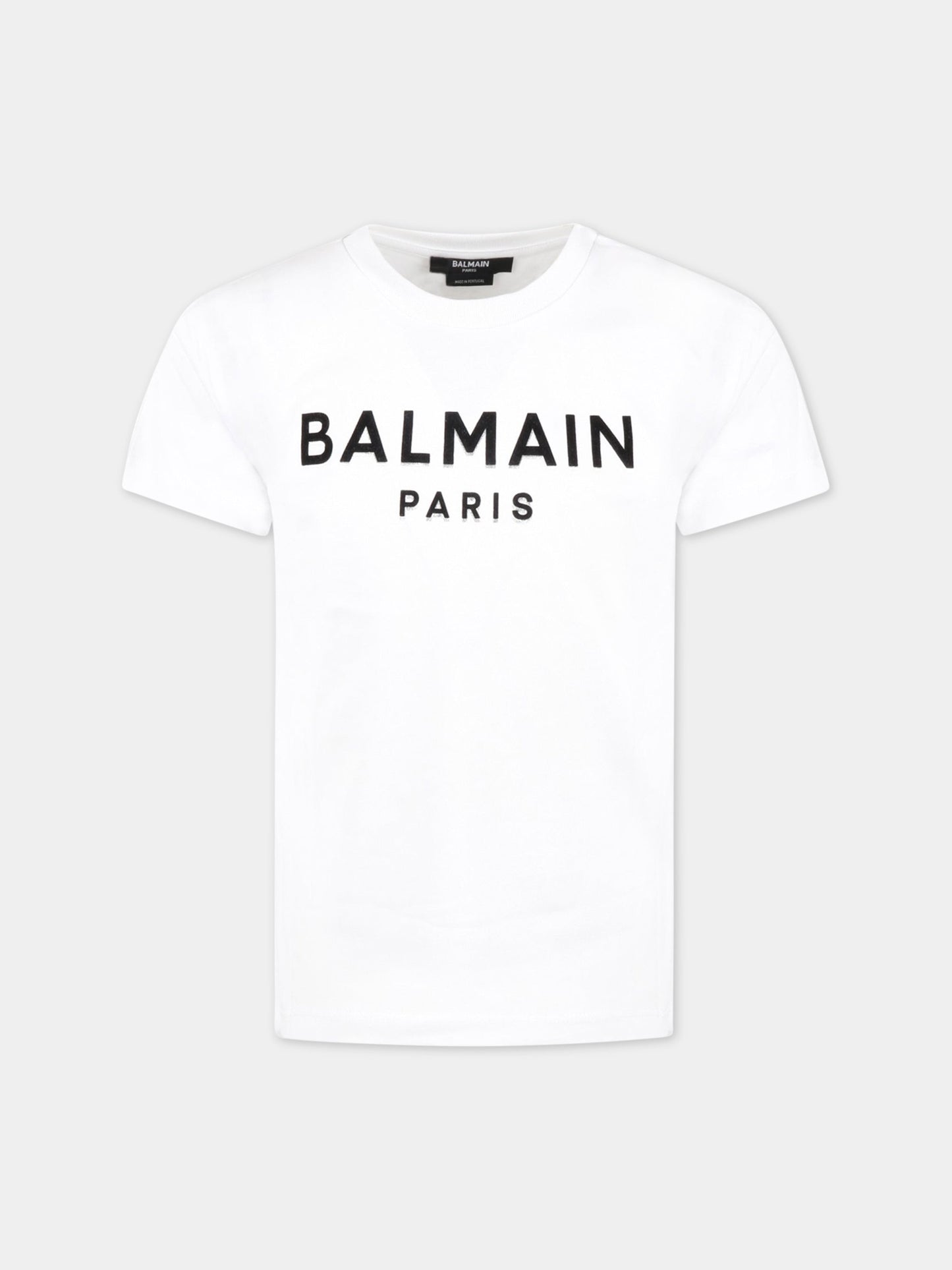 T-shirt bianca per bambini con logo nero in velluto,Balmain Kids,BS8P31 Z0082 100NE