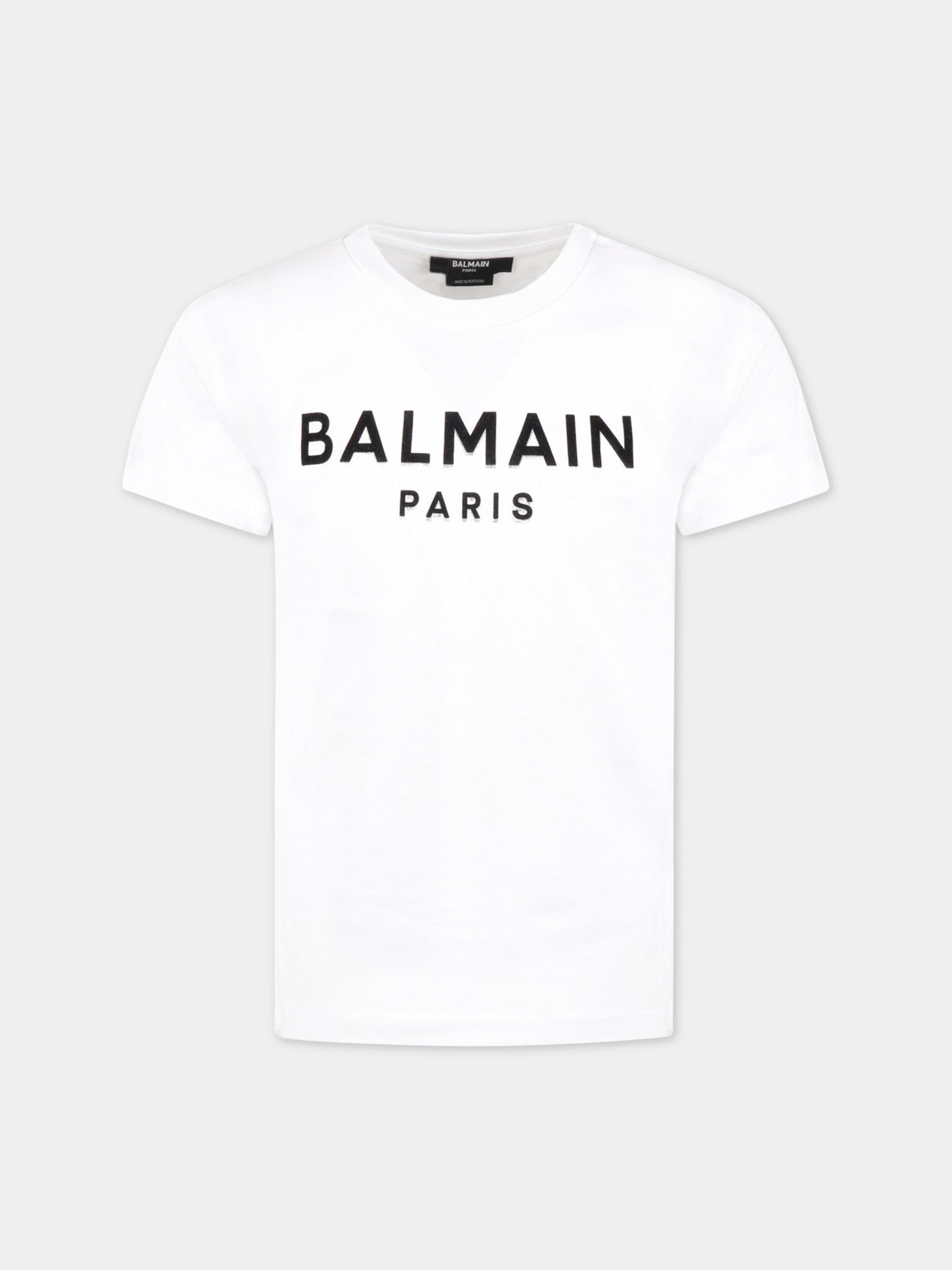 T-shirt bianca per bambini con logo nero in velluto,Balmain Kids,BS8P31 Z0082 100NE