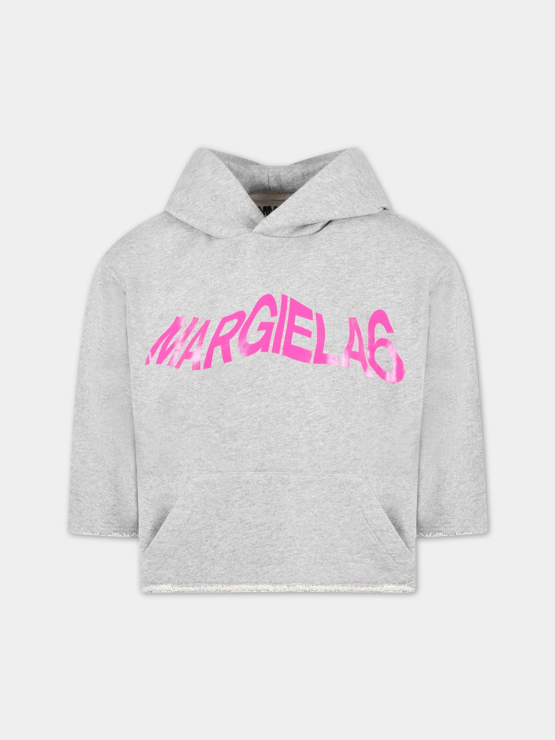 Felpa grigia per bambina con logo fucsia,Mm6 Maison Margiela,M60323 MM069 M6C14