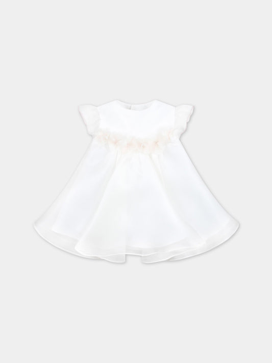 Vestito bianco per neonata con fiori applicati,La Stupenderia,CBAB56O06 U10