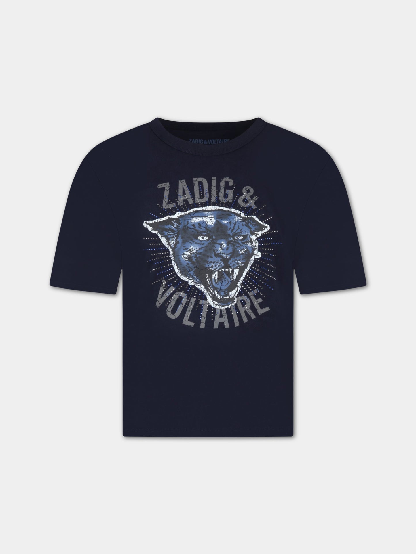 T-shirt blu per bambina con tigre e logo,Zadig & Voltaire Kids,X15386 83D
